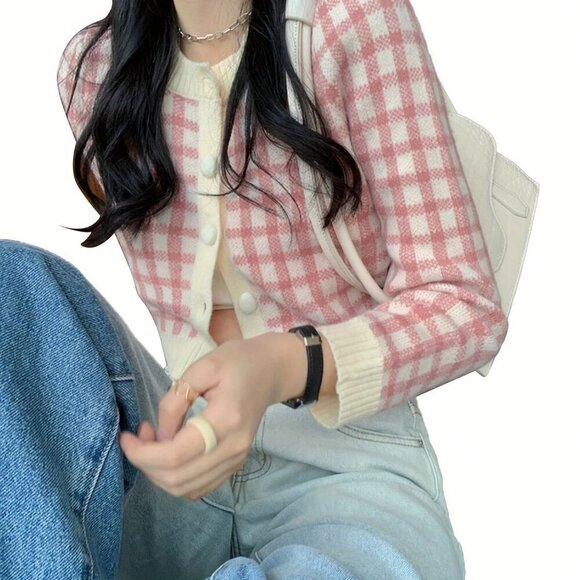 Pink Casual Women's Long Sleeve Button Down Plaid Slim Fit Cardigan - Picture 6 of 6